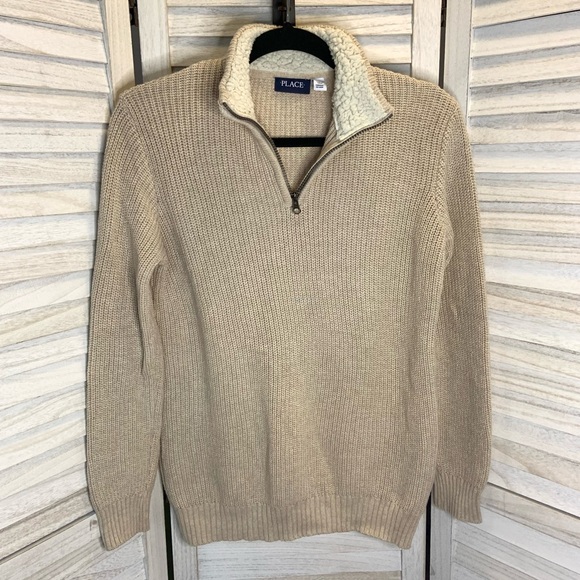 The Children's Place Other - Children’s Place Boys Tan Solid Knit Quarter Zip Sherpa Long Sleeve Sweater